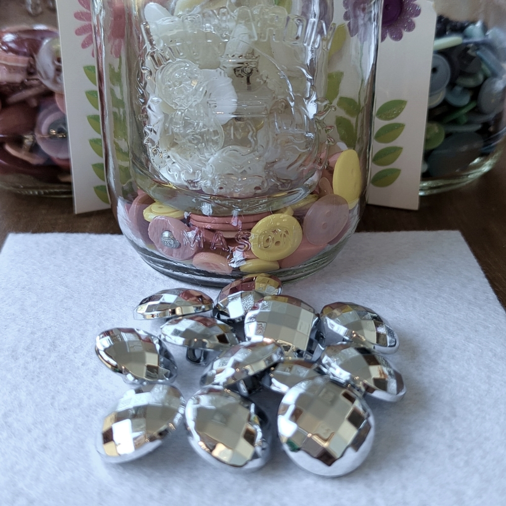 (3 for $20) Twelve Silver Facetted Plastic Buttons (New Old Stock)